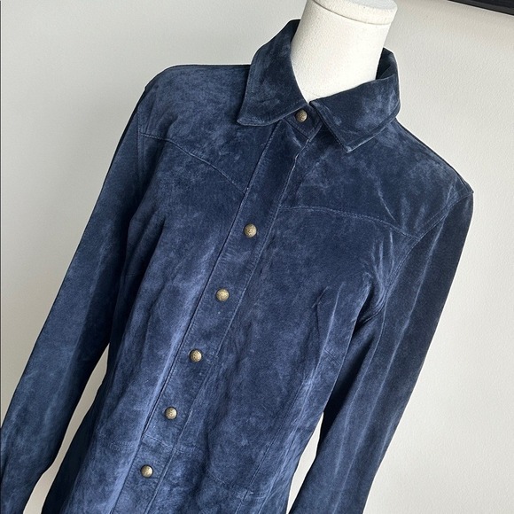 Womens Soft Suede Leather Shirt Dress Duster Western Preppy Cowgirl Navy Blue M - Picture 2 of 9